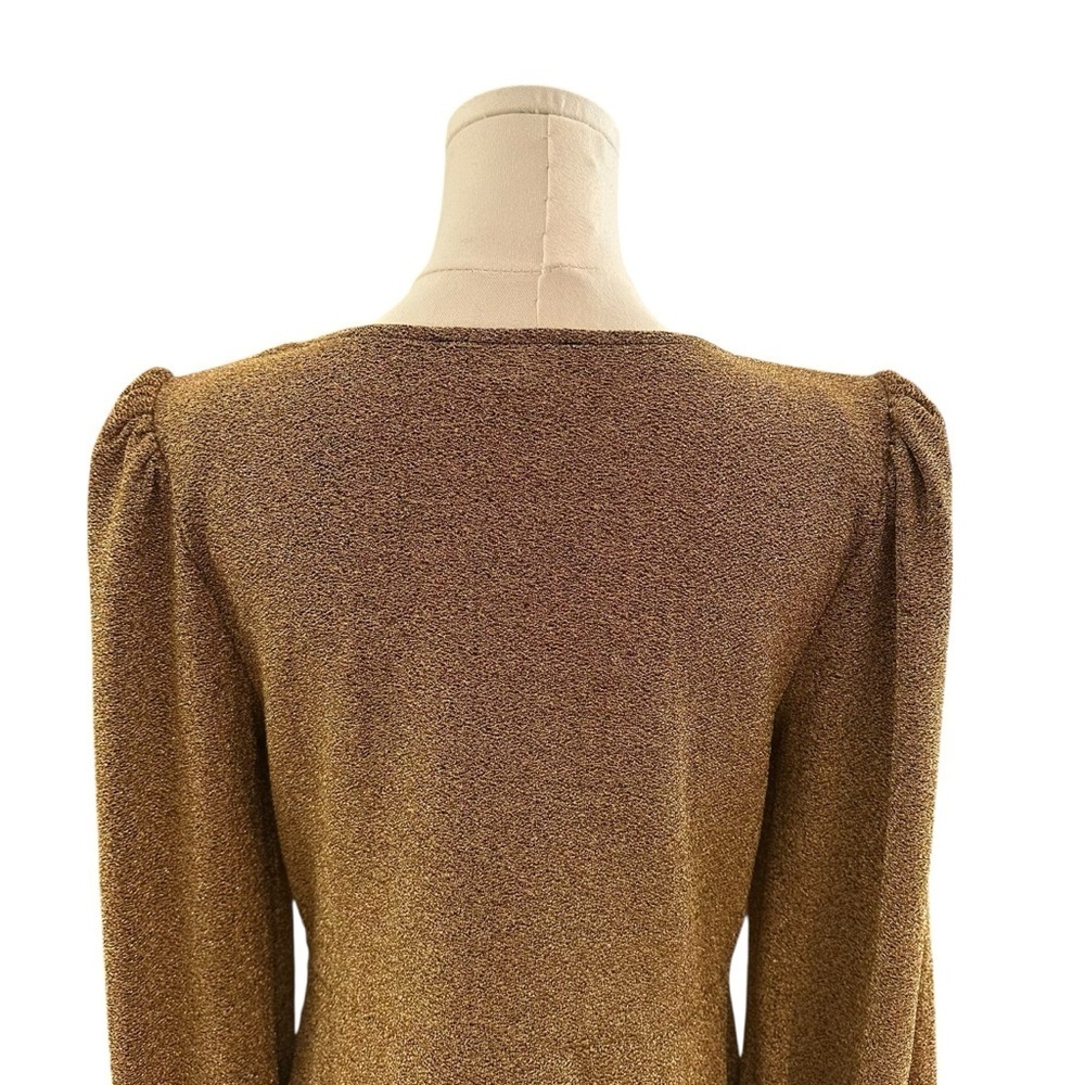 Women's Small Fitted Metallic Gold Shimmer Party Cocktail Puff Shoulder Top - Picture 3 of 5